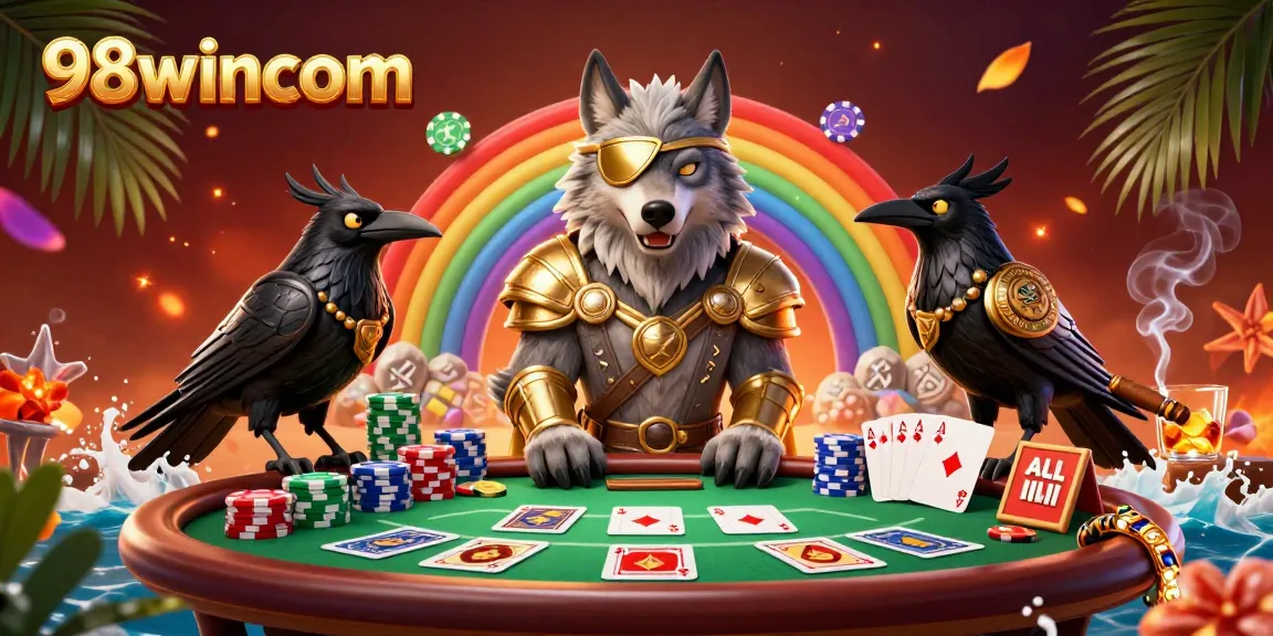 Engage in thrilling poker action with 98wincom's vibrant, detailed casino scene showcasing Norse themes.