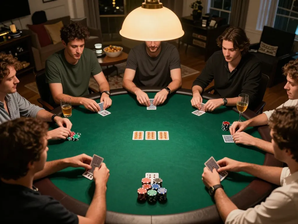 MMOO players engaging in an exciting poker game at home, showcasing vibrant chips and cards