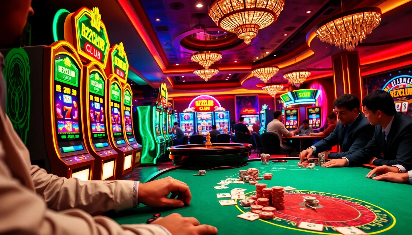 Players enjoying poker at B52CLUB, surrounded by vibrant slot machines and roulette.