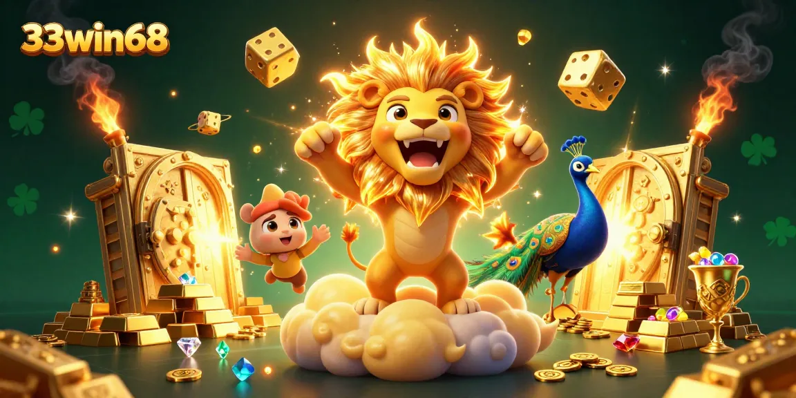 Experience the thrilling gameplay of 33win68 with a dynamic casino scene featuring vibrant characters and gold elements.