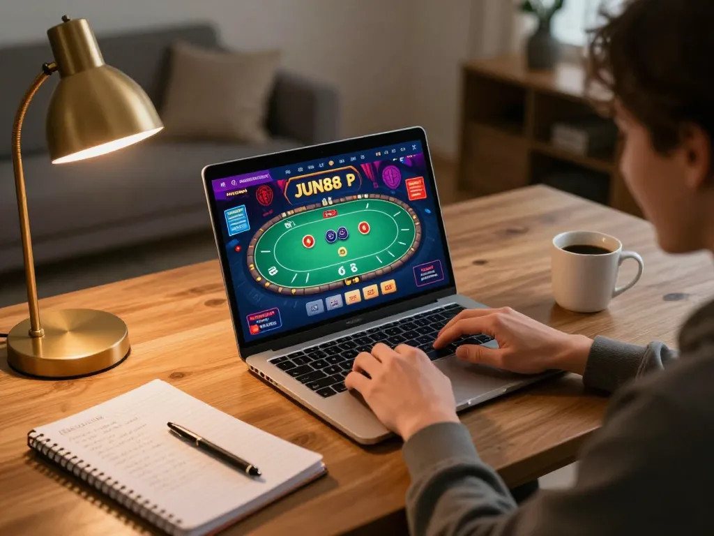 Engaging in online poker gameplay on Jun88 platform with laptop, showcasing strategic betting in a cozy home setting.