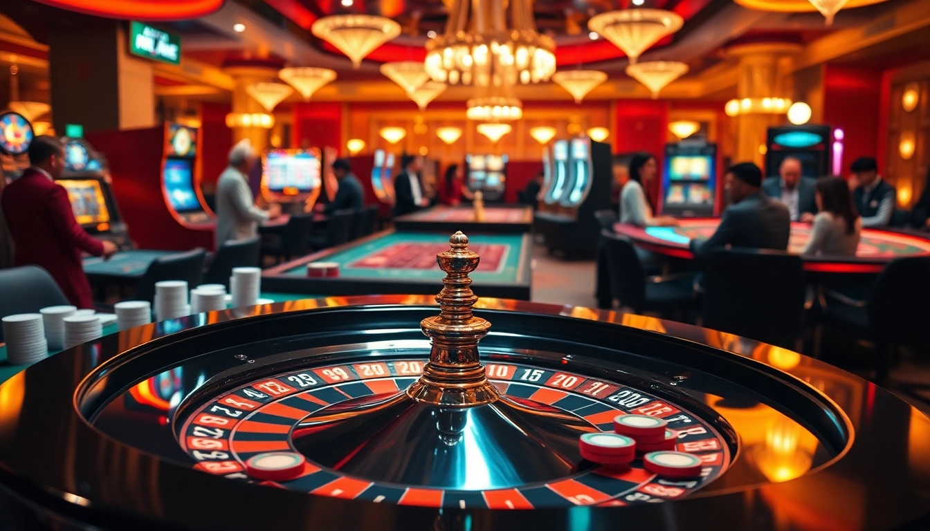 Engage with raja luck in a lively casino scene featuring roulette, poker chips, and vibrant slot machines.