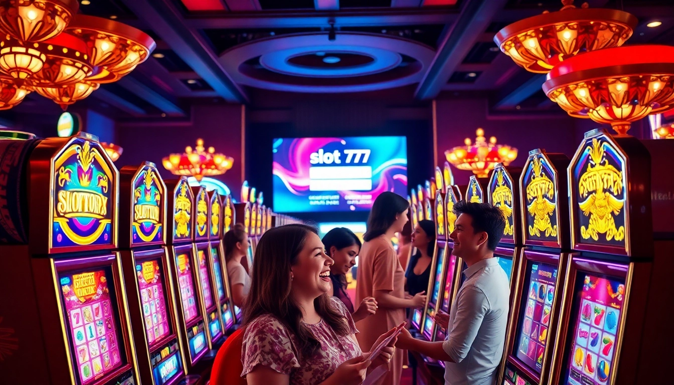 Experience excitement at a slot777 login interface surrounded by vibrant slot machines and thrilled players.