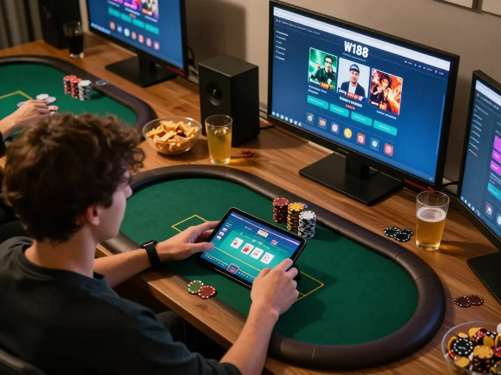 w188 player strategizing during an online poker game in a cozy environment.