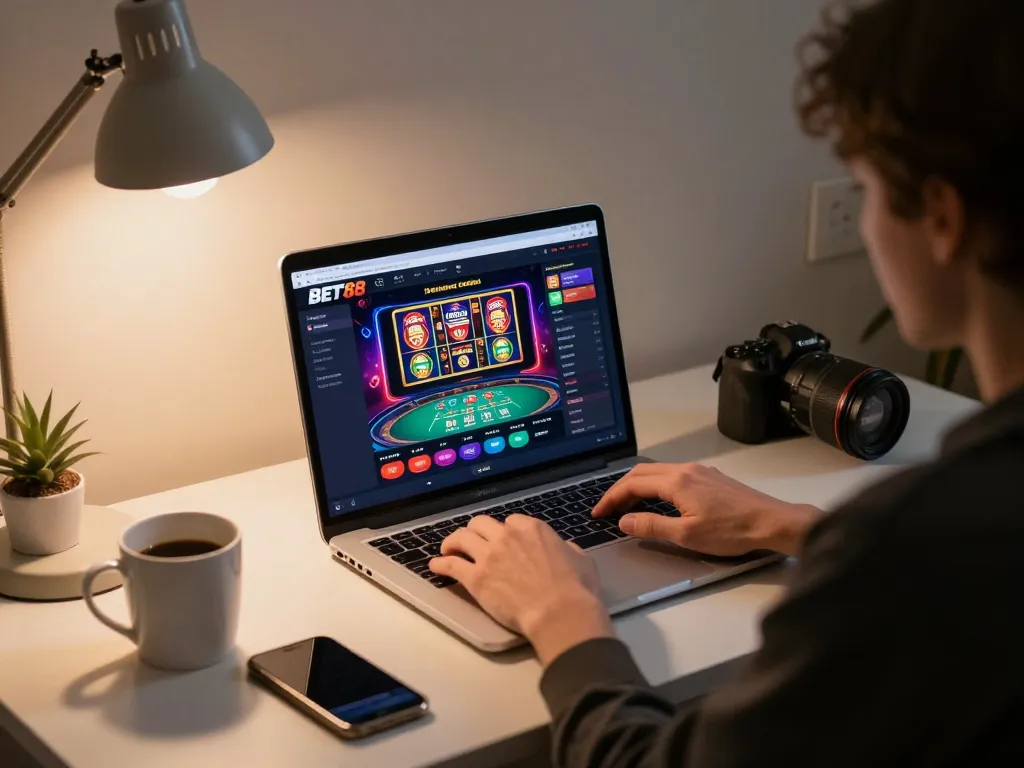 Bet88 online gaming session at home with focused player using laptop for poker
