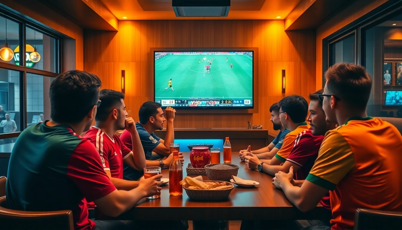 A vibrant scene of fans enjoying a live soccer game at a modern sports bar, promoting socolive.com.co for high-quality broadcasts.