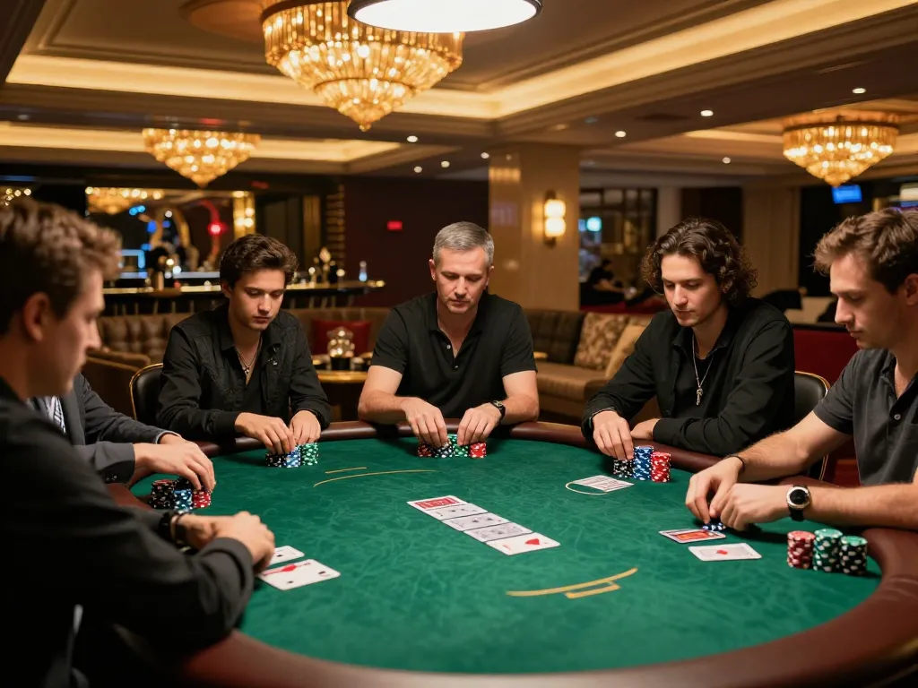 Players at the B52CLUB enjoying a tense poker game with chips and cards.