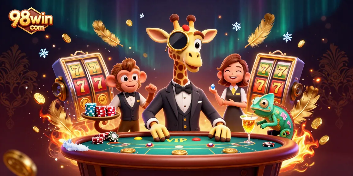 Engage with thrilling excitement at 98win com, featuring a vibrant 3D casino scene with a charismatic giraffe, monkey, and chameleon.