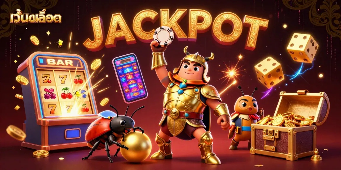 Engage in เว็บสล็อต action with a 3D hercules beetle celebrating a jackpot amidst vibrant casino elements.