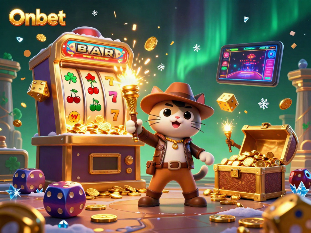 Experience exhilarating jackpot wins with Onbet in a dynamic 3D casino adventure scene.