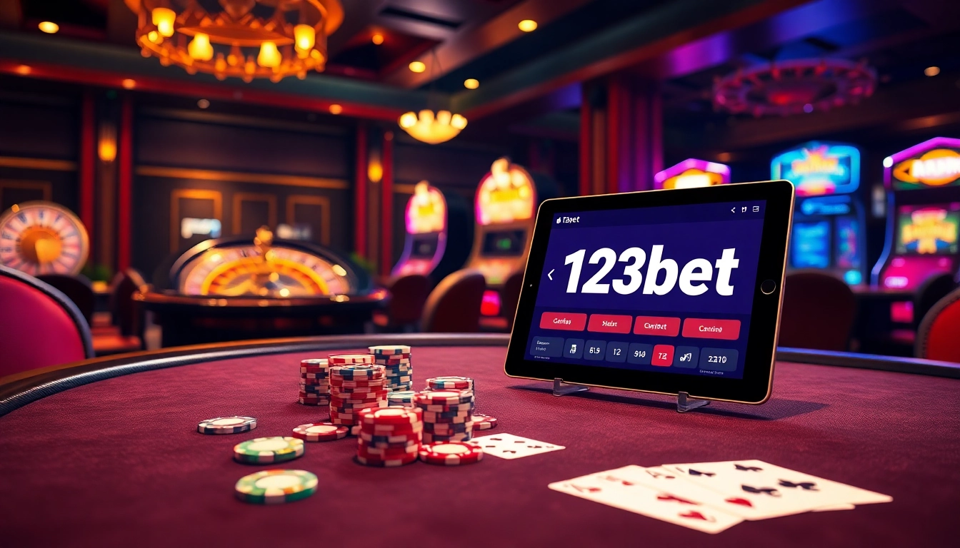 Exciting poker game at 123bet with colorful chips and elegant cards.