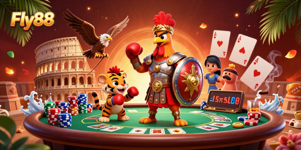 Engage in thrilling poker action with Fly88's vibrant 3D illustration showcasing a gladiator rooster.