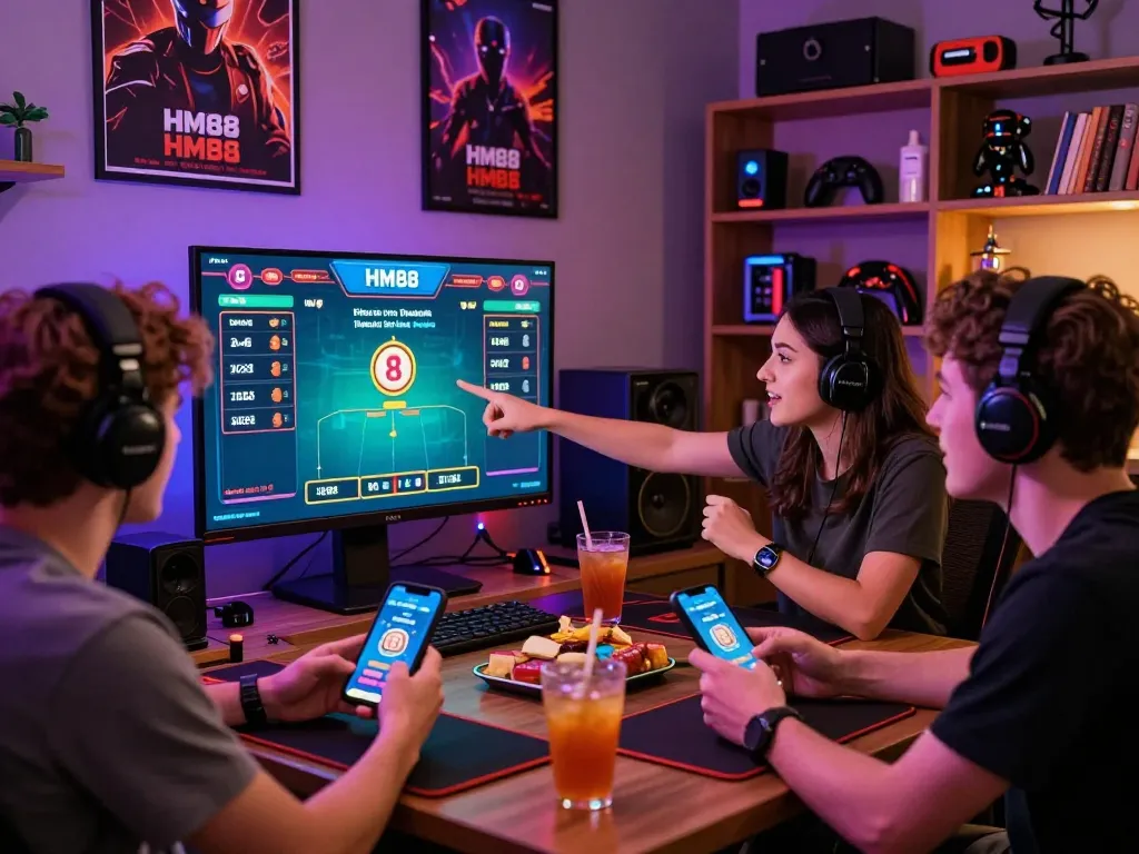 Friends enjoying an online betting game on HM88 platform with vibrant gaming atmosphere.