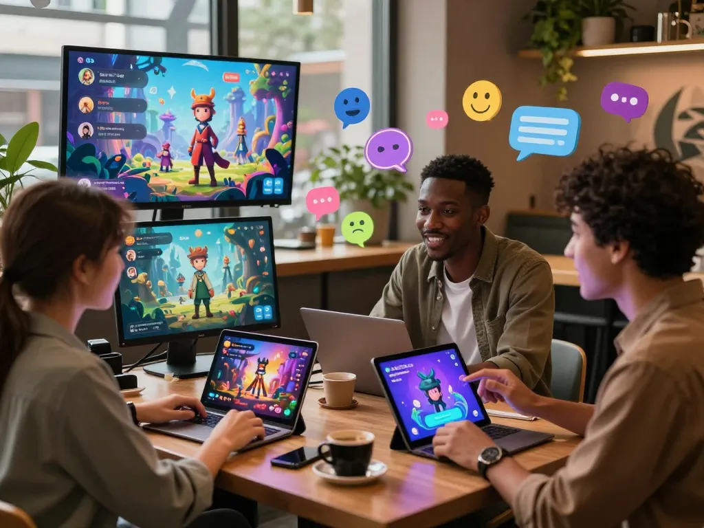 Engaging ai sex chat scene with diverse users communicating with customizable AI companions in a vibrant café setting.