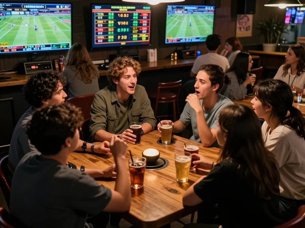 Nyalabet users actively discussing their sports betting strategies in a lively sports bar atmosphere.