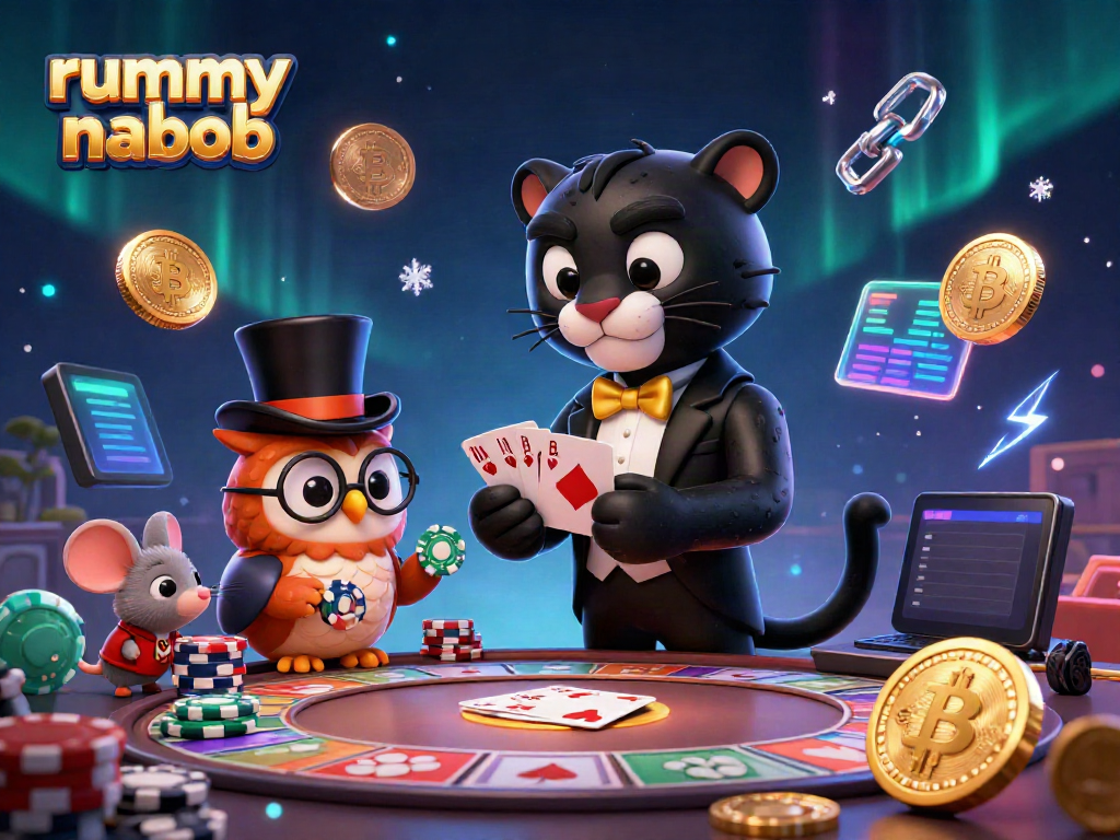 Rummy Nabob menampilkan panther dan teman-temannya bermain kartu di kasino virtual.