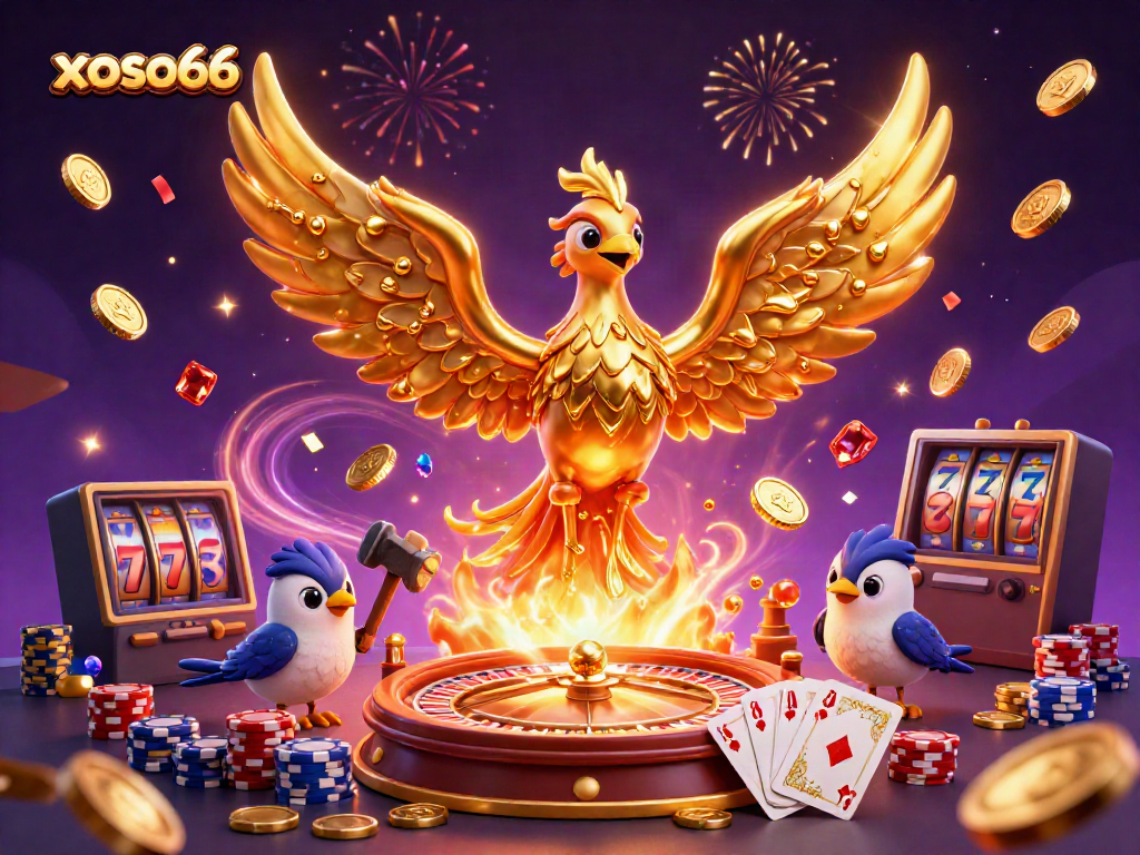 Experience the thrill of xoso66 with a vibrant gold phoenix and dynamic casino elements in the digital realm.