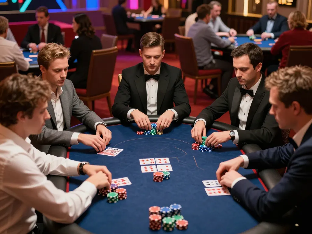 Engaged players at trang chủ 5679 poker table with vibrant chips and cards.