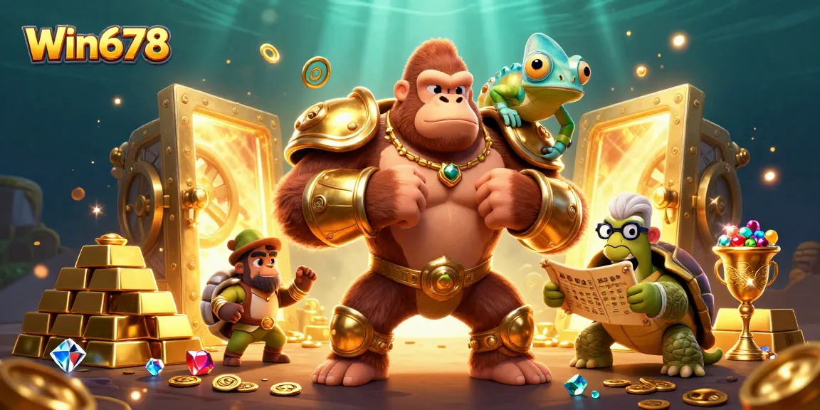 Win678 captures the excitement of online gambling with vibrant 3D characters and golden treasures.