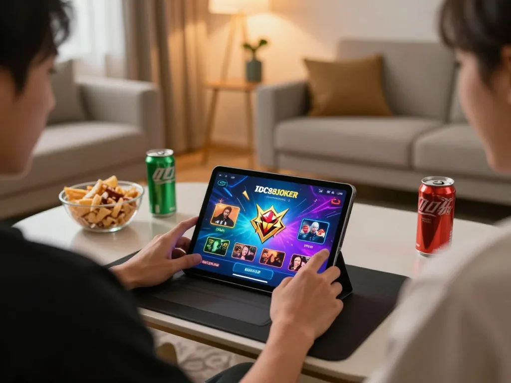 Person playing IDC88JOKER online casino game on tablet in a cozy living room.