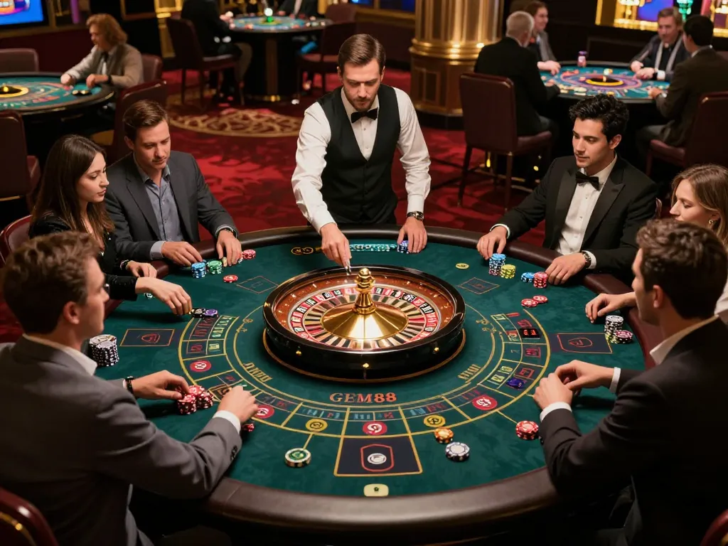 Players placing bets at GEM88's live roulette table, showcasing engaging casino action.