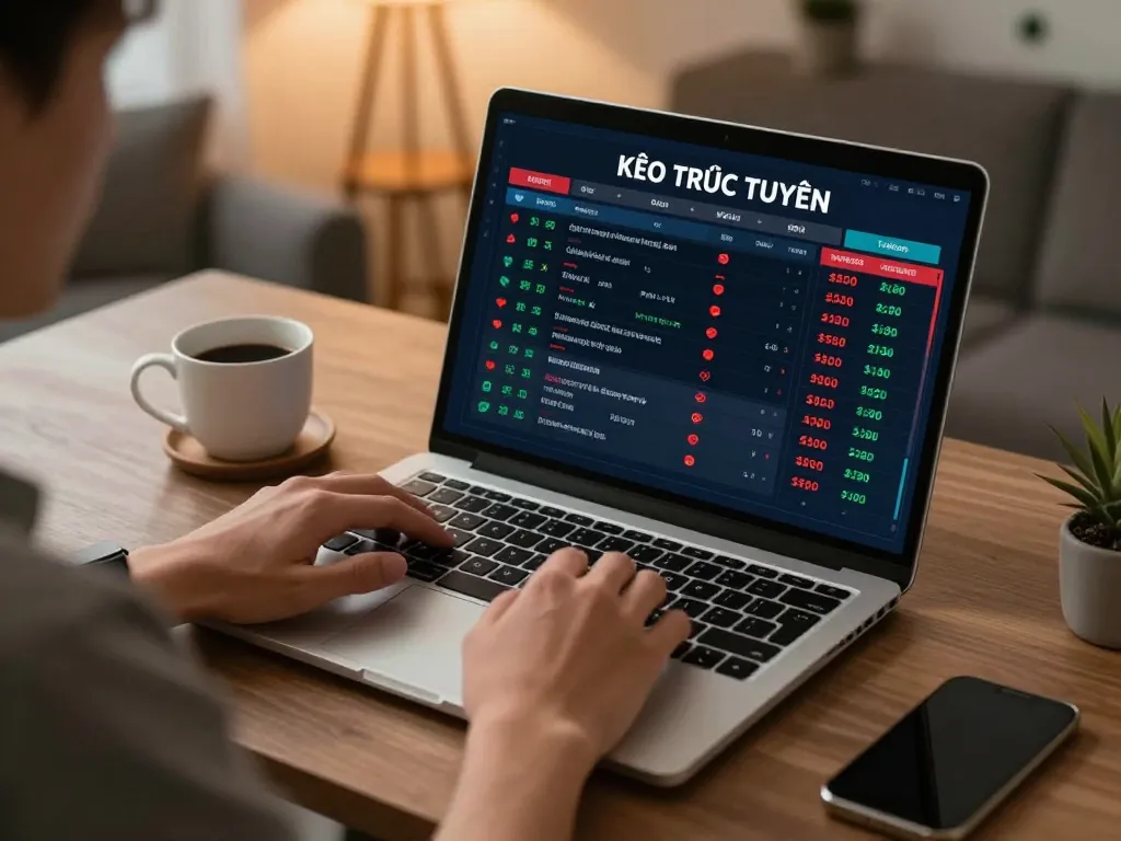 KÈO TRỰC TUYẾN betting scene with detailed charts and betting odds shown on a laptop during an online gambling session