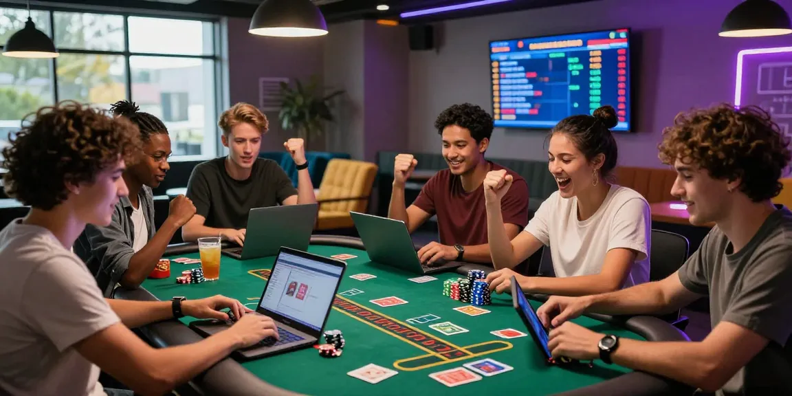 Friends enjoying an exciting online gambling experience at https://fau88.com/ with cards and vibrant LED lighting.