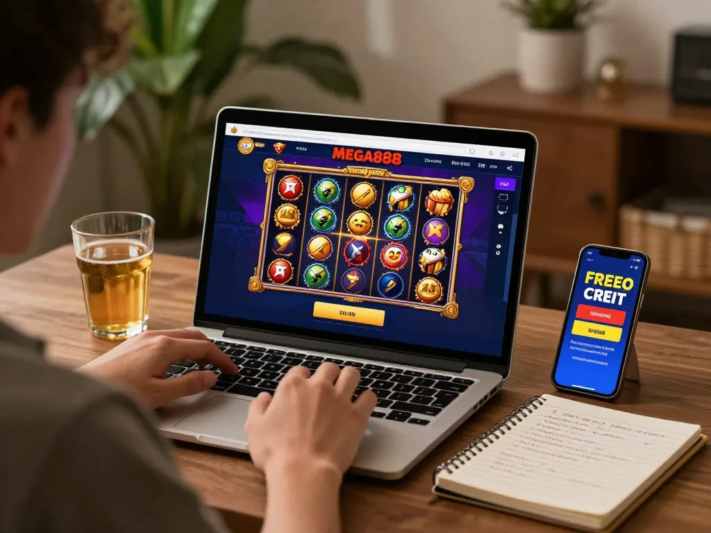 Engaging in free credit mega888 gaming action on a laptop while enjoying a cozy home atmosphere.