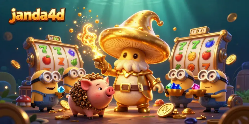Permainan slot janda4d yang mengagumkan dengan pesona wizard jamur emas dan simbol keberuntungan.