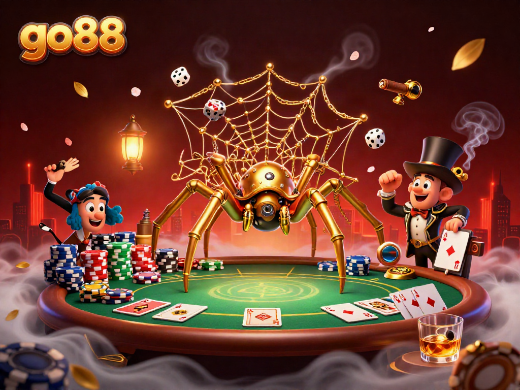 Engage with go88's lively casino atmosphere featuring a steampunk spider and gaming elements for an unforgettable experience.