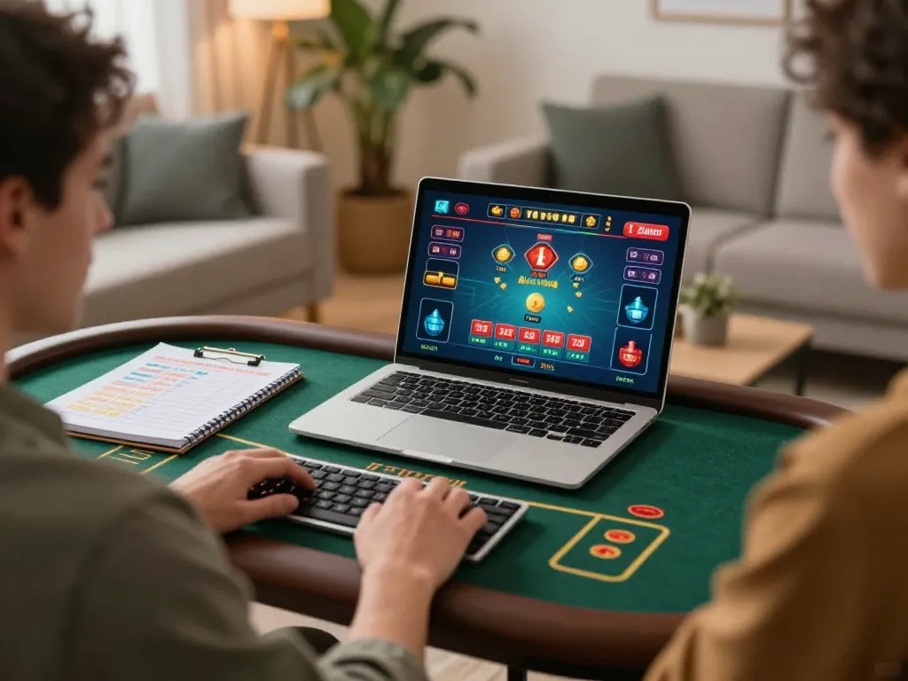 Gamer engaging with RR88 live dealer game on laptop, showcasing responsible online gambling