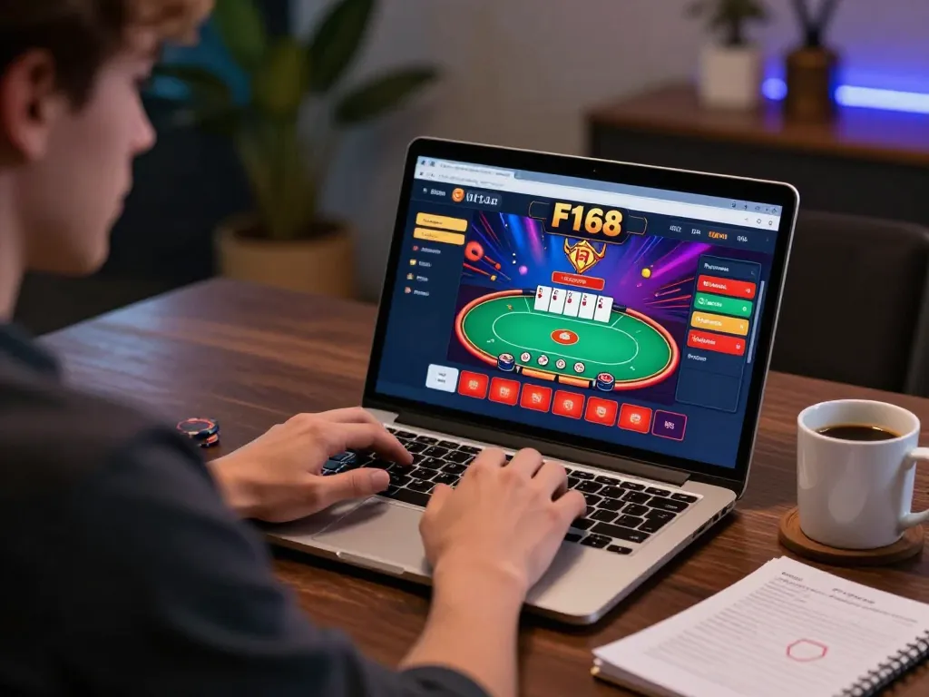 Person engaged with F168 online casino interface, illustrating responsible gaming in a cozy environment.