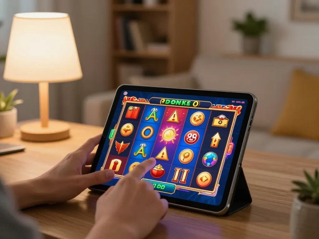 Engaging in Fokus777 login while playing slots on a tablet in a cozy home setting.