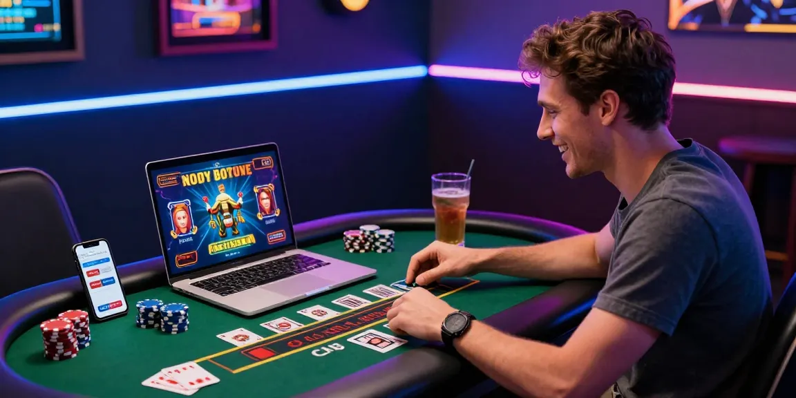 Engaging online casino gaming scene featuring a player at a laptop, showcasing credit card gaming options related to dea.org.uk.