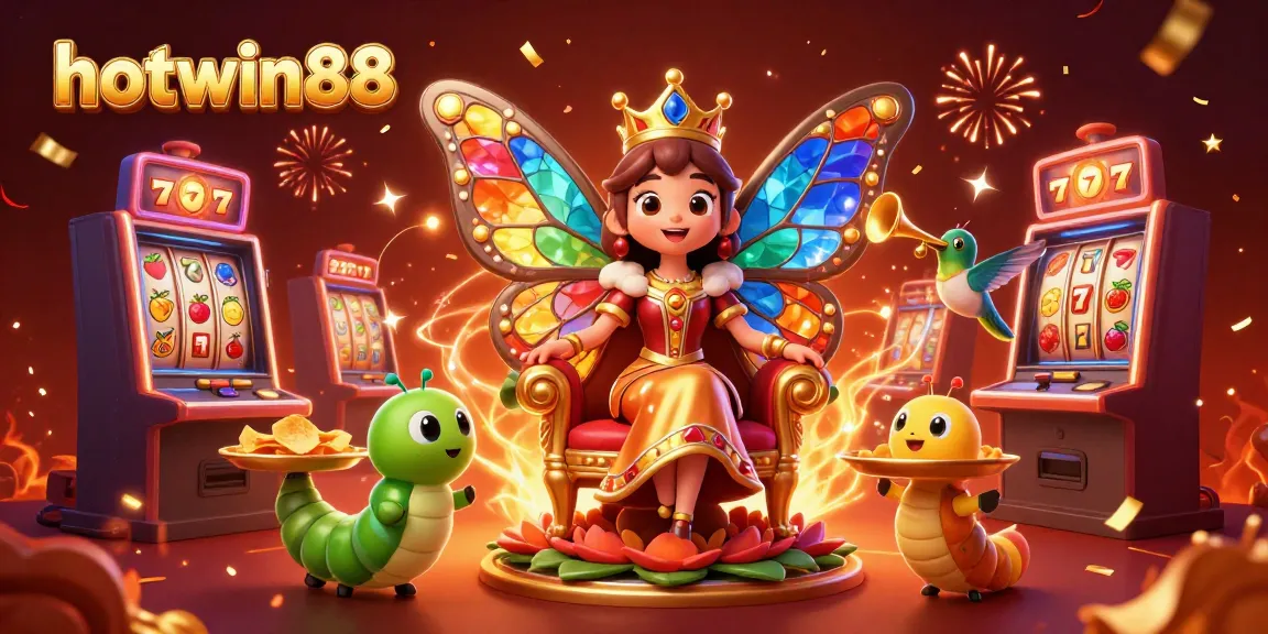 Experience amazing wins at hotwin88 with vibrant slots featuring colorful jackpots and stunning butterfly queen illustration.