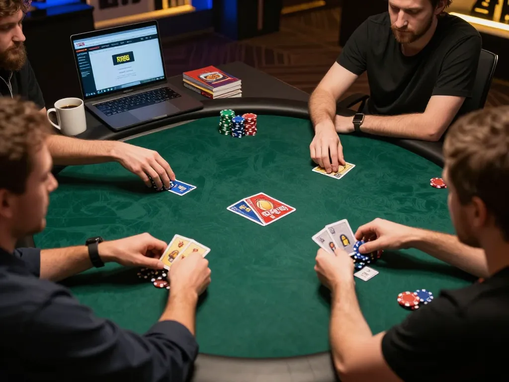 Engaged players enjoying online poker via RR88, showcasing strategic betting and collaboration in a warm home environment.