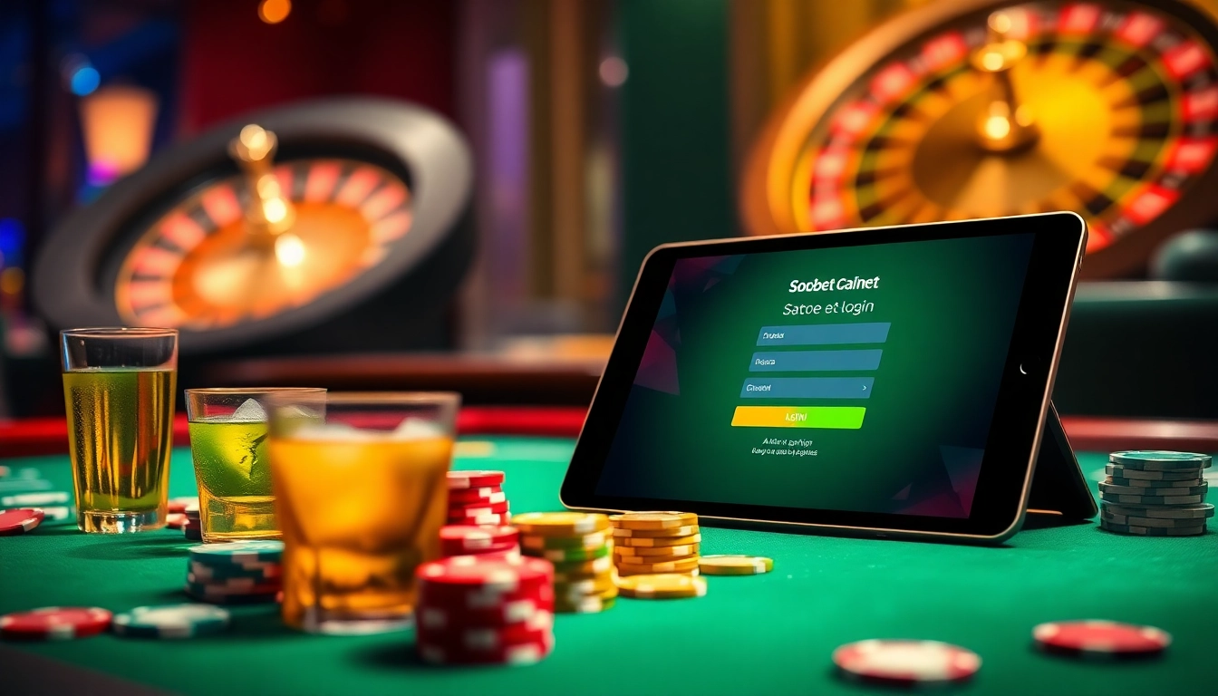Engaging sbobet login interface displayed on a sleek device amidst a vibrant casino setting.