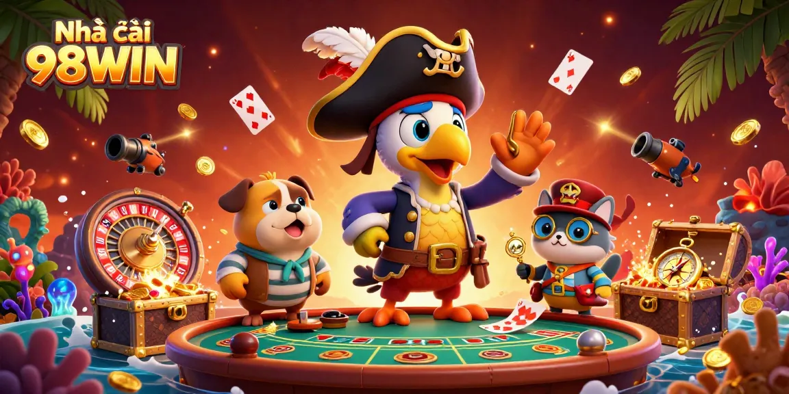 Experience the excitement of Nhà cái 98WIN with vibrant casino action featuring a pirate captain and friends.
