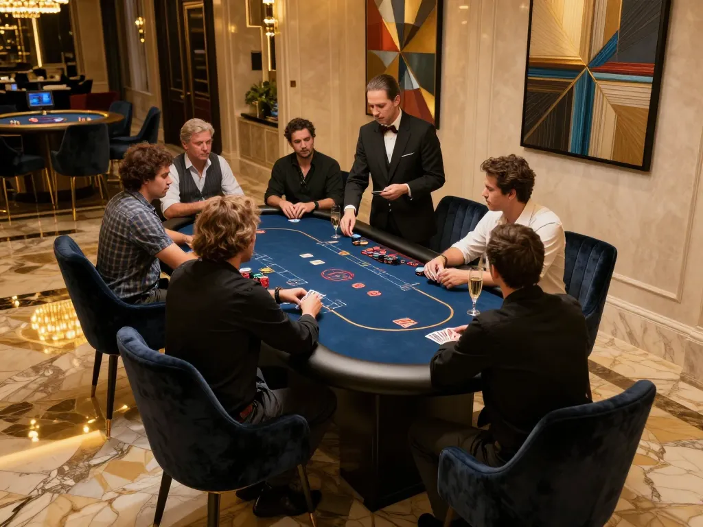 Tabel poker berisiko tinggi di kasino mewah menunjukkan pemain yang terlibat dalam permainan strategis, mencerminkan lingkungan perjudian eksklusif aman788.