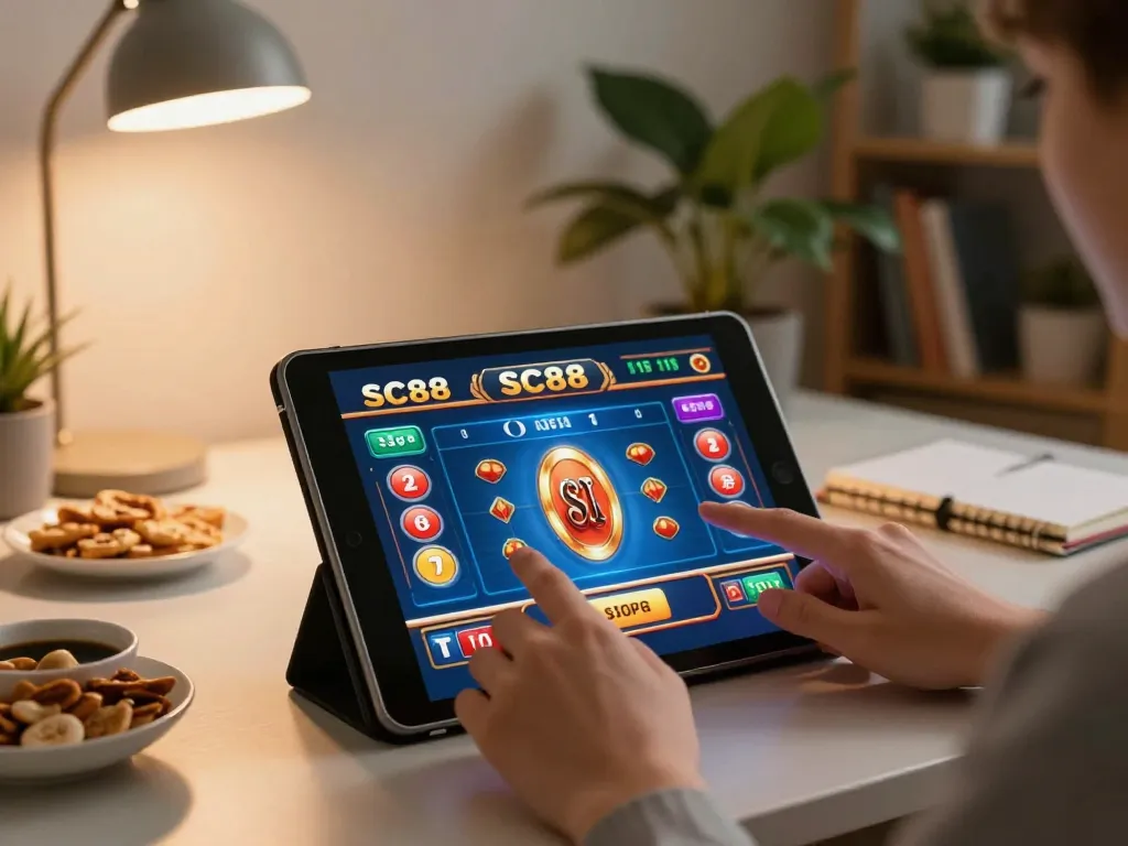 Engaging moment with SC88 casino app open on tablet, player immersed in online gaming