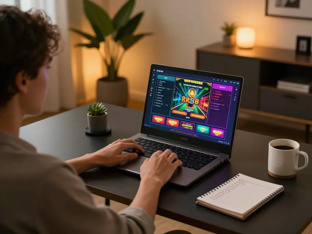 Player immersed in RR88 online casino gaming experience on laptop at home.