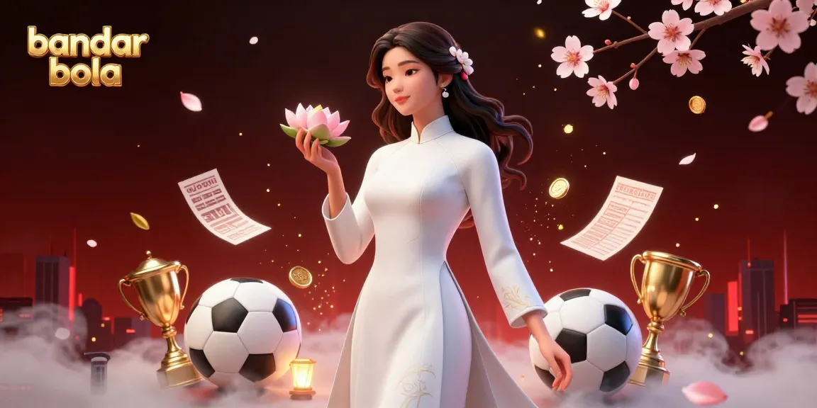 Join bandar bola betting action with an elegant Asian woman amidst festive visuals and sports elements.