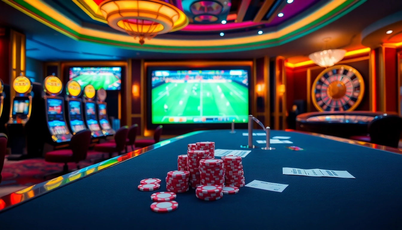 Exciting Taruhan Bola scene at a modern casino with vibrant betting slips and poker chips.