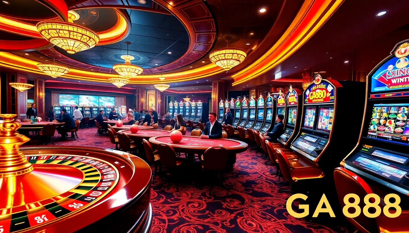 Experience GA888 excitement with engaging casino game visuals including roulette and poker tables.