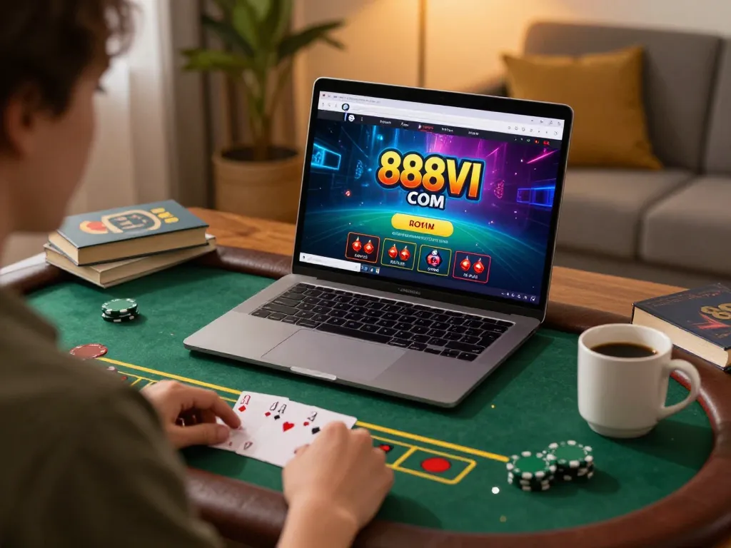 Play blackjack online at 888VI COM with a cozy home setup, creating a relaxed gaming atmosphere