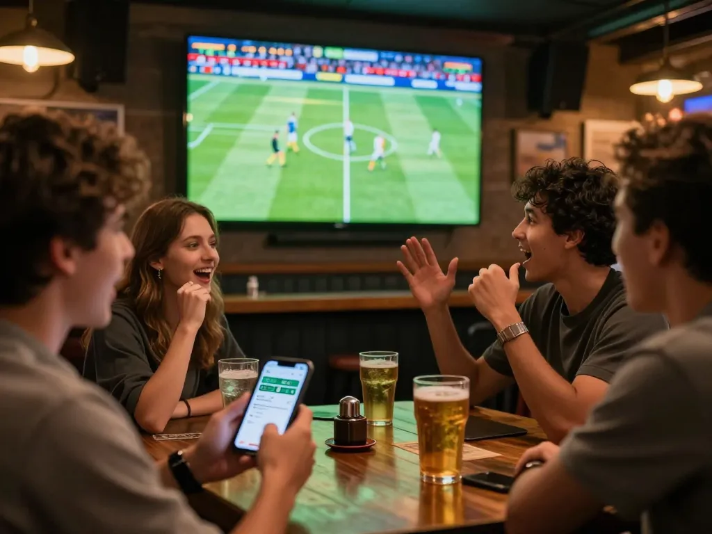 Excited sports bettors analyzing live soccer game odds on their smartphones at a bustling bar, showcasing Keo nha cai's modern betting strategies.