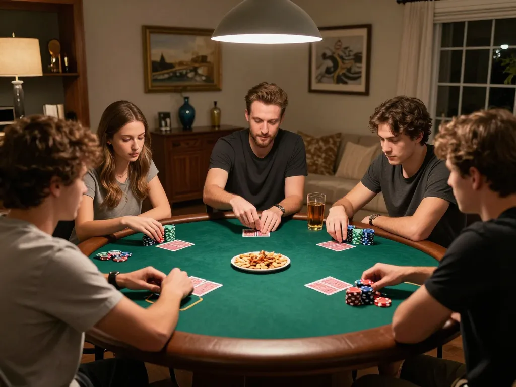 Friends enjoying poker night at home, focusing on gameplay at the BL555 table.