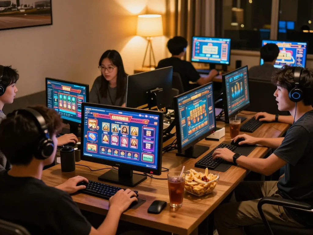 Engaging moment in situs slot gaming with multiple devices displaying vibrant online interfaces