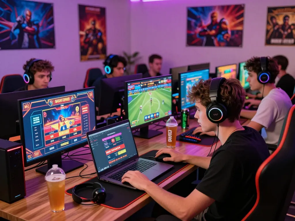 88aa đăng nhập - Young man logging into the 88AA online gaming platform in a vibrant gaming room, surrounded by colorful screens and modern equipment.