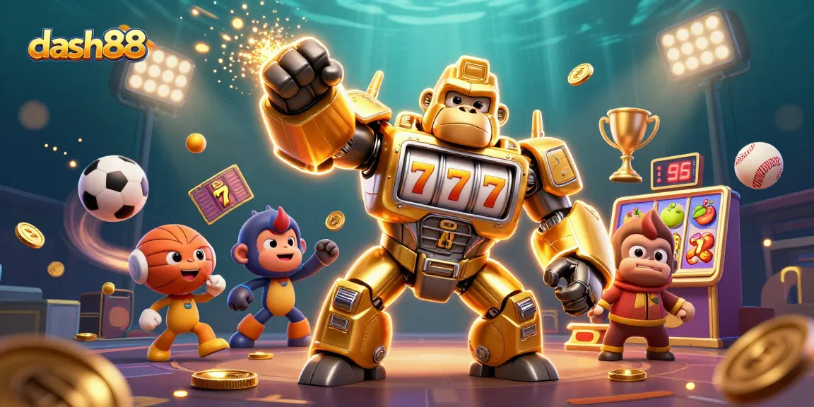 Experience thrill with dash88's 3D golden gorilla mech amidst casino elements and sports excitement.